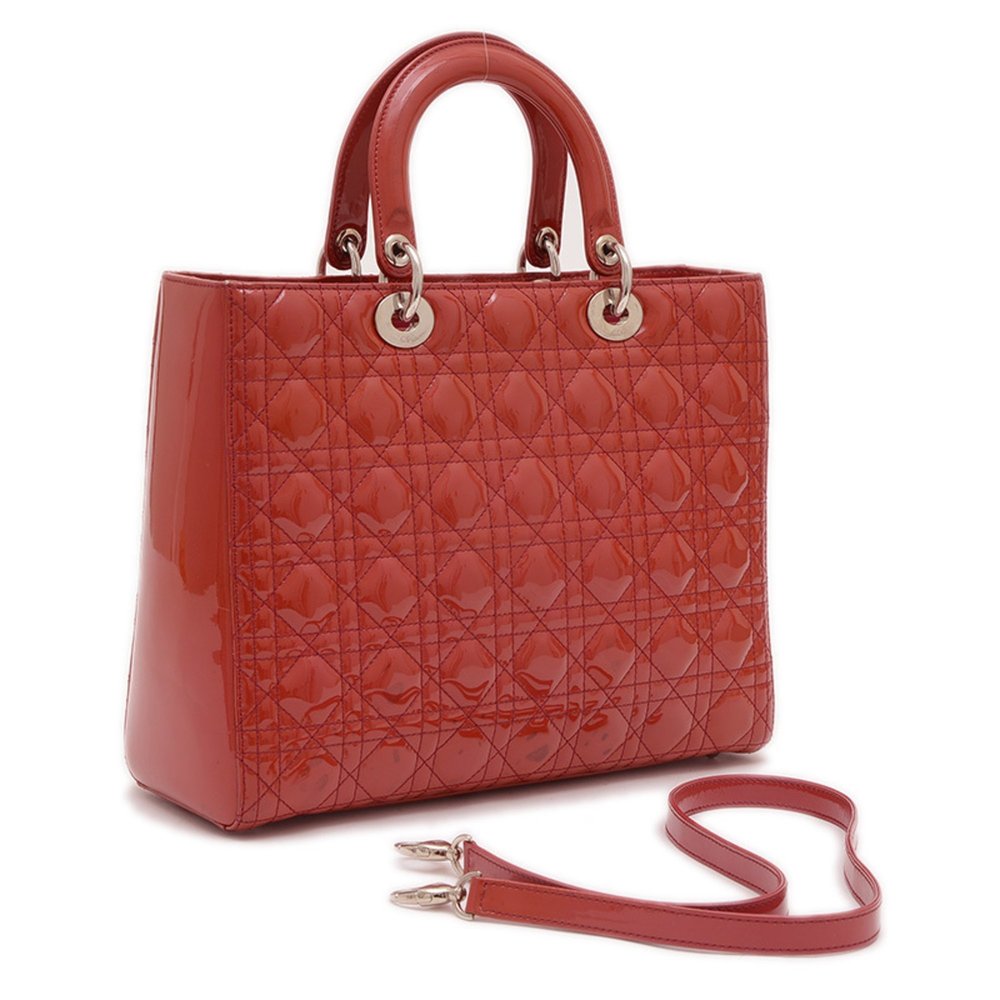Christian Dior Dior Lady Cannage Large 2WAY Bag Handbag Patent Red BP - Picture 2 of 9